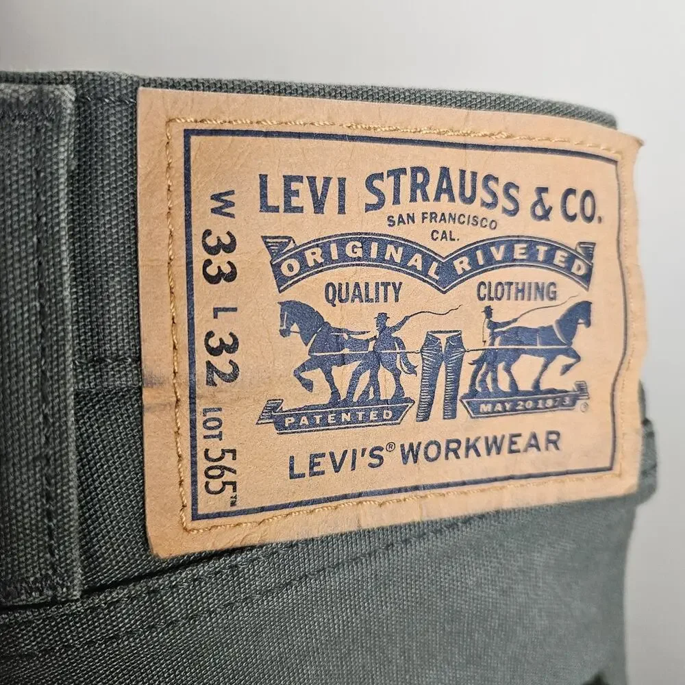 Levis 565 Double Knee Pants Mens 33x32 Olive Green Denim Carpenter Workwear